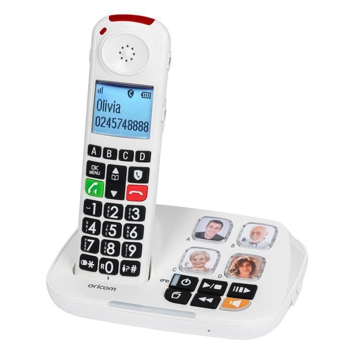An adaptive house phone with pictures of faces on buttons.