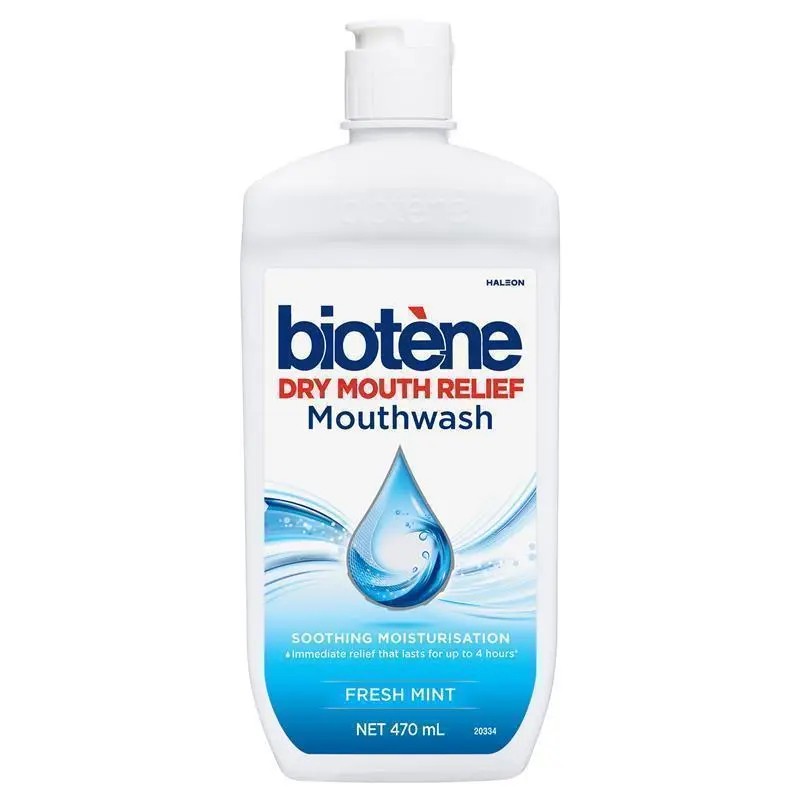 A bottle of Biotene dry mouth relief mouthwash.