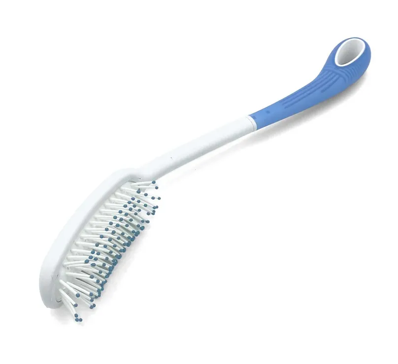 A blue and white hairbrush with a long handle.