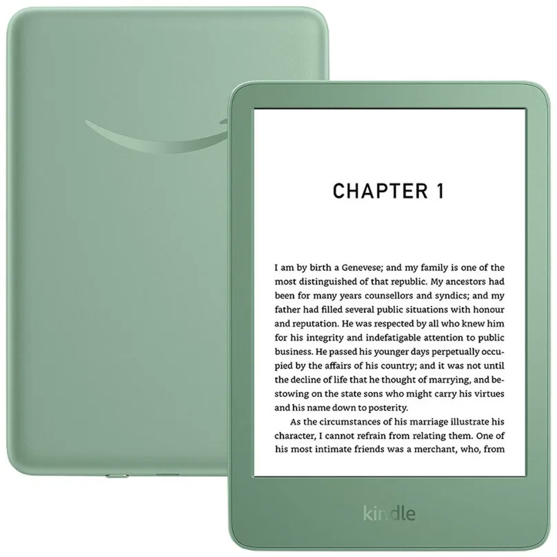 A turquoise Amazon Kindle e-reader.