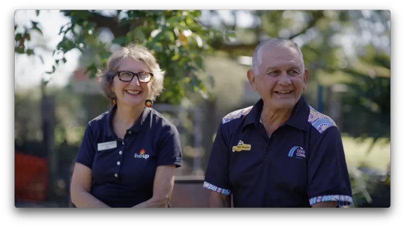 Uncle Mick and Lisa sit outside and enjoy a yarn