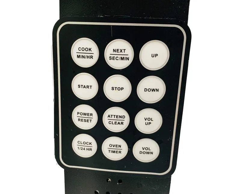 A close-up of the large tactile buttons on the talking microwave.