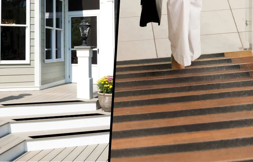 Two side-by-side images of stairs with black non-sip strips.