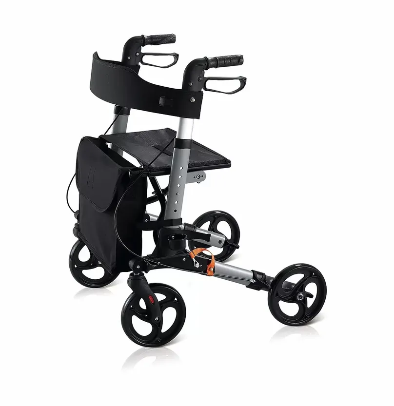 A black rollator walking aid.