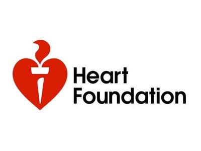 Heart foundation logo red heart with white torch and black letters. 