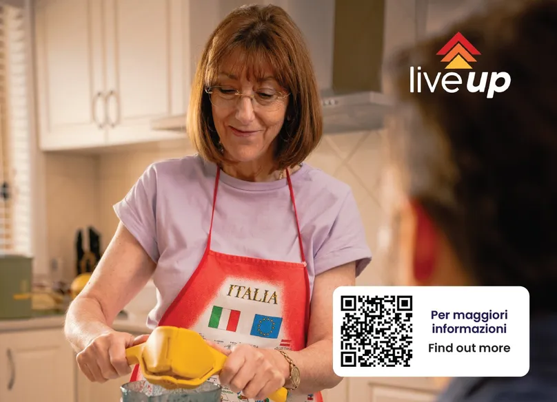 JPEG of Italian poster element. A woman using a hand juicer.