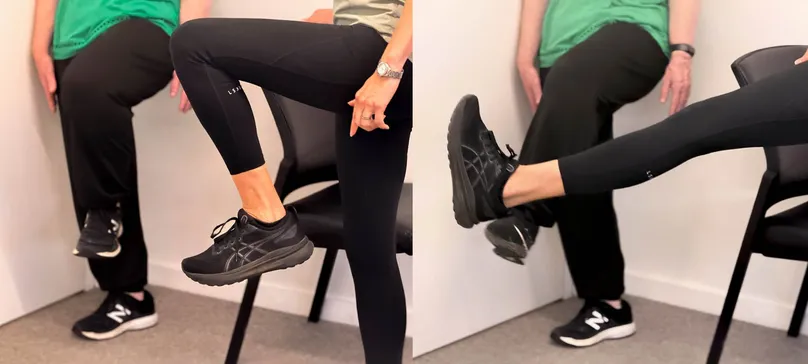 Two people doing the knee extension and hip flexion exercises.
