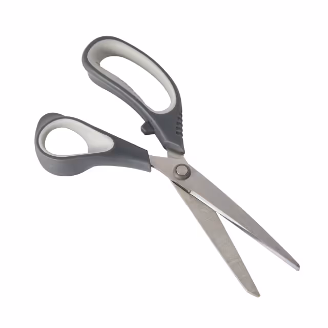 An open pair of large-handled scissors.