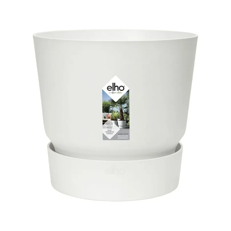 A white self-watering pot. The bottom tray holds water to be slowly absorbed by the plant.