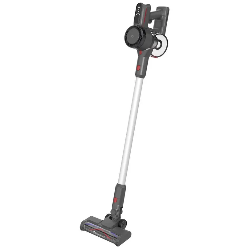 A stick vacuum standing upright, with no cord.