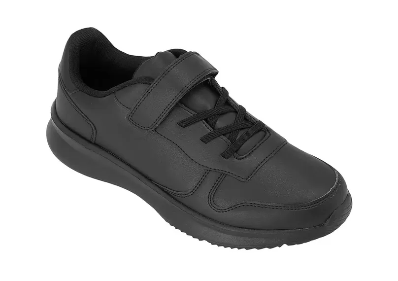 A black shoe with Velcro fastener.